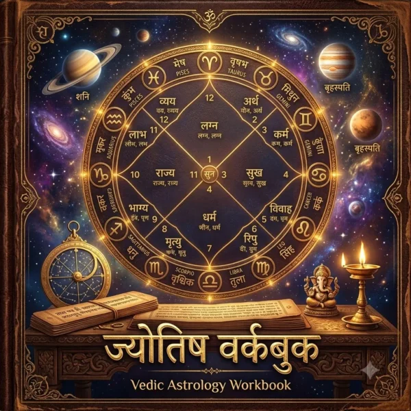 ज्योतिष वर्कबुक का कवर पेज जिसमें बीच में चमकता हुआ सूर्य और 12 भावों वाली कुंडली चक्र बनी है