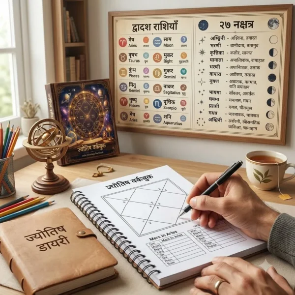 एक अध्ययन कक्ष का दृश्य जिसमें खुली ज्योतिष वर्कबुक, खाली कुंडली चार्ट और ग्रह तालिका है